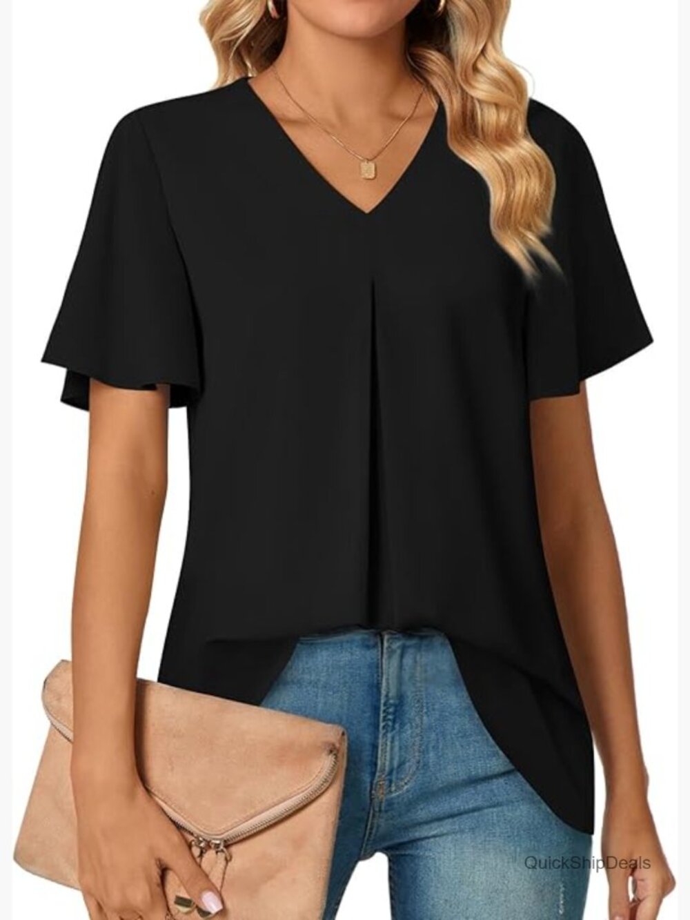 Chiffon V-Neck Ruffle Sleeve Tunic Top for Leggings